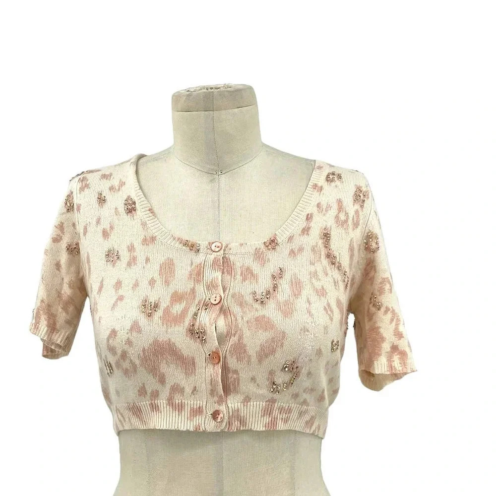 Rebecca Taylor Leopard Print Beaded Embellished Cropped Cardigan Sweater Small